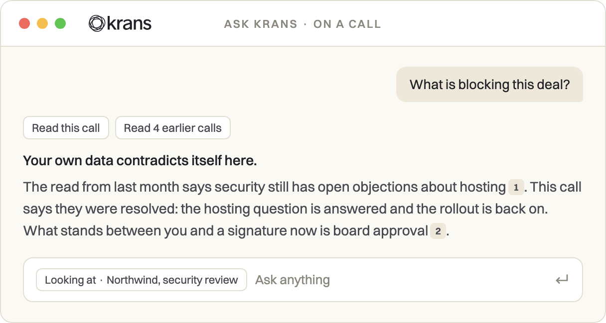 The chat open over a call, answering what is blocking the deal