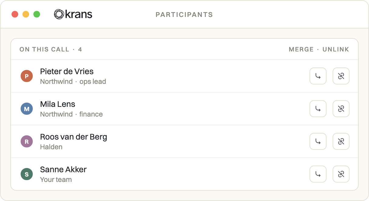 The Participants panel on a call, with merge and unlink on each person